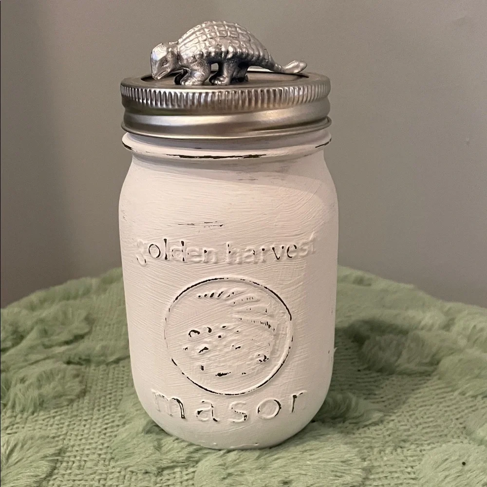 White Mason Jar with Silver Armadillo Lid